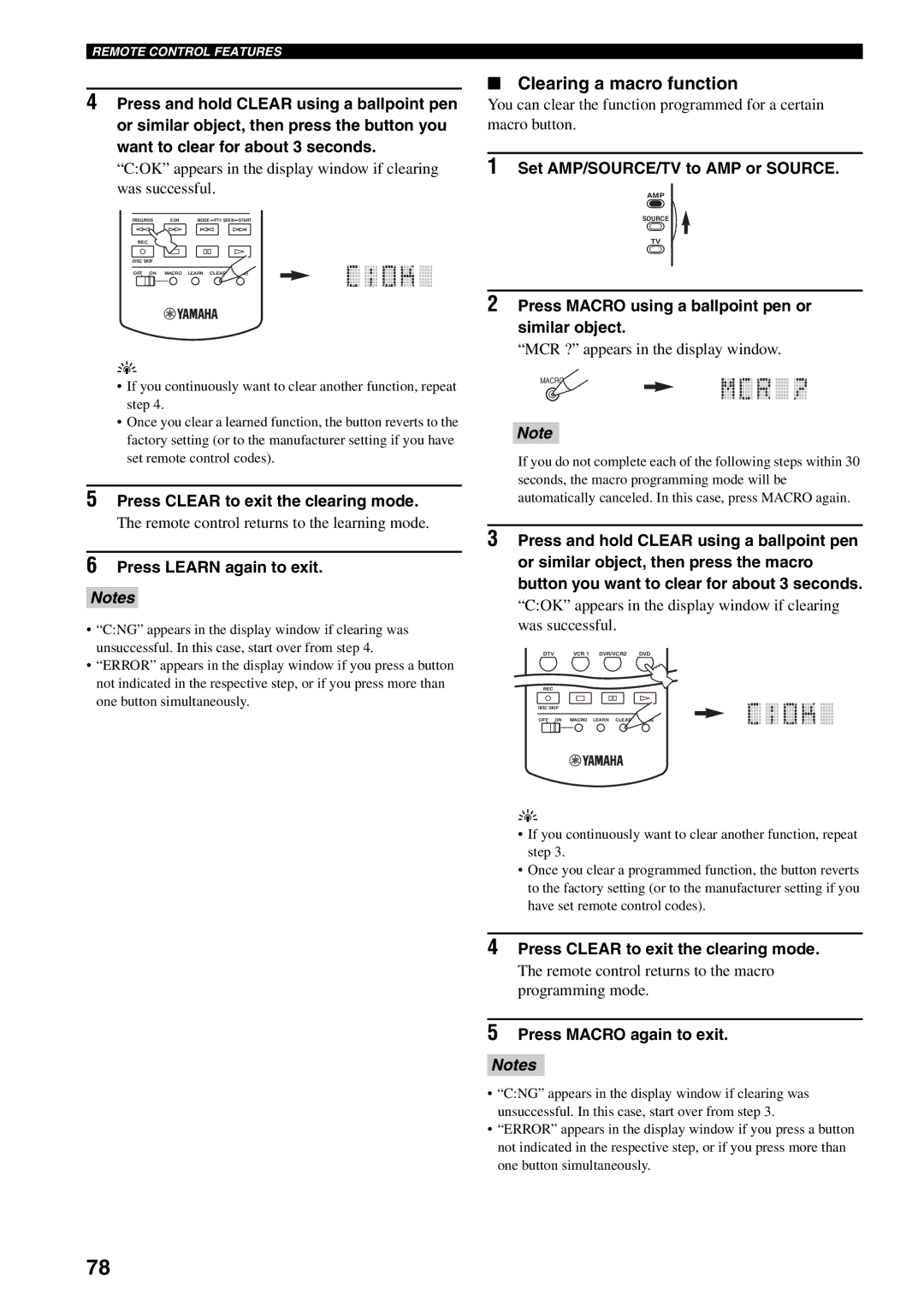 Yamaha RX-V1500 owner manual Clearing a macro function, Press Clear to exit the clearing mode, Press Learn again to exit 