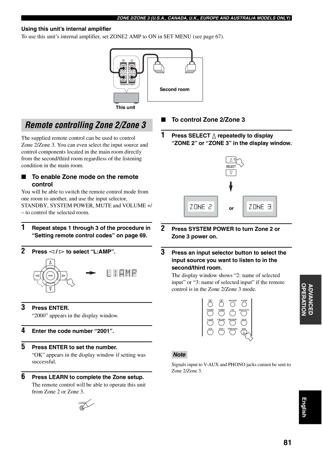 Yamaha RX-V1500 To control Zone 2/Zone, To enable Zone mode on the remote Control, Using this unit’s internal amplifier 