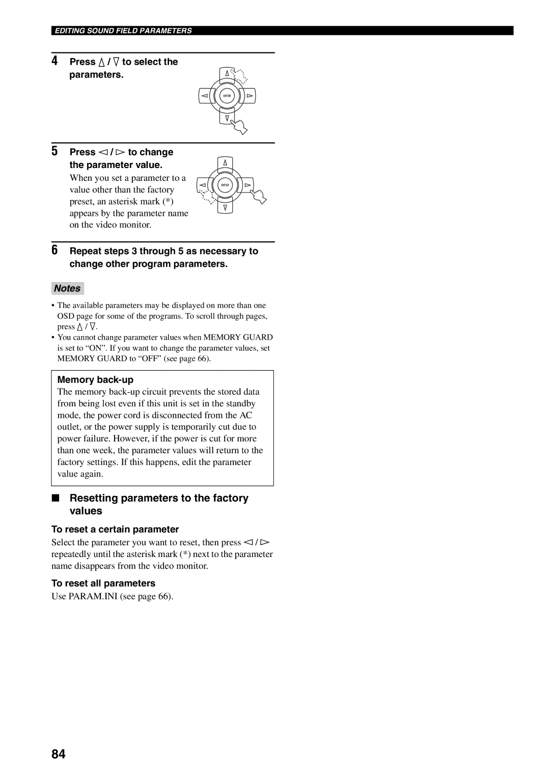 Yamaha RX-V1500 Resetting parameters to the factory values, Press k / n to select Parameters, To reset a certain parameter 