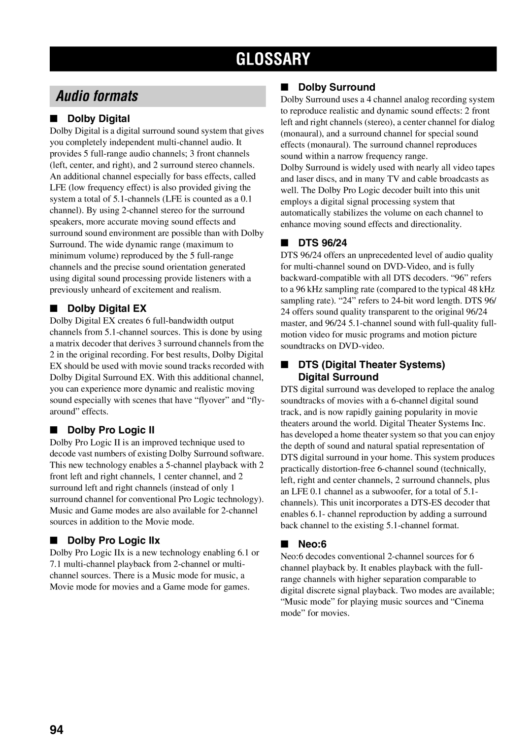 Yamaha RX-V1500 owner manual Glossary, Audio formats 