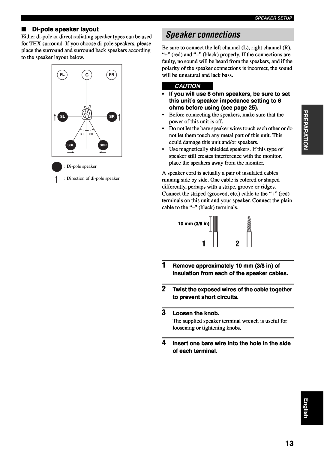 Yamaha RX-V1500 owner manual Speaker connections, Di-polespeaker layout 