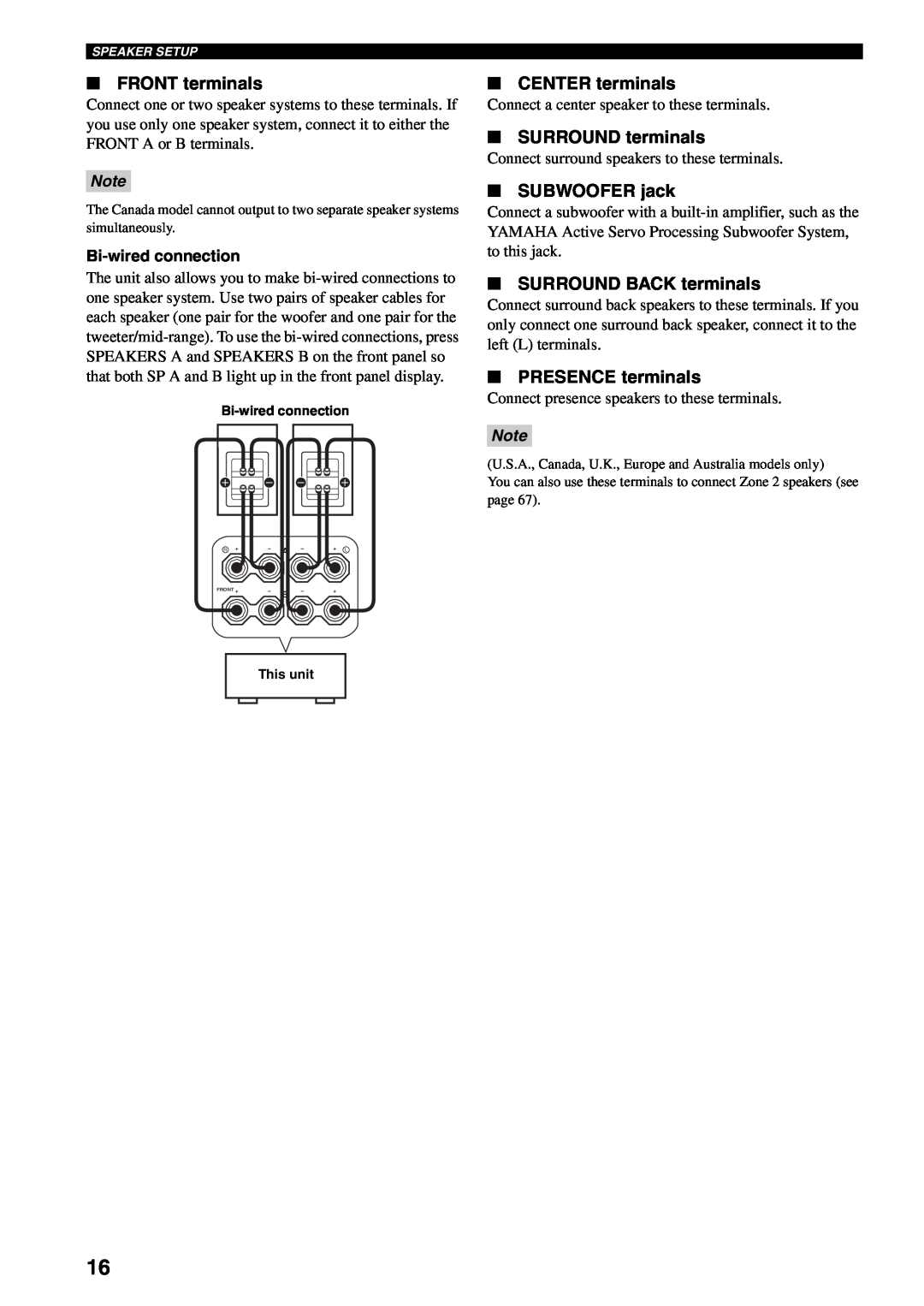 Yamaha RX-V1500 owner manual FRONT terminals, CENTER terminals, SURROUND terminals, SUBWOOFER jack, SURROUND BACK terminals 