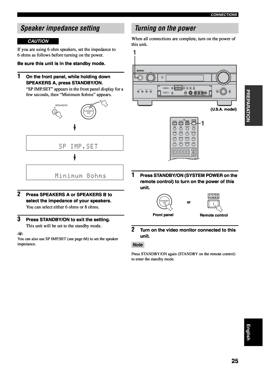Yamaha RX-V1500 owner manual Speaker impedance setting, Turning on the power, Sp Imp . Set, Minimum 8ohms 