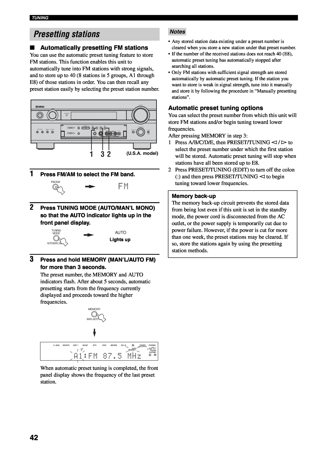 Yamaha RX-V1500 owner manual Presetting stations, A 1 : F M 8 7 . 5 M H z L R, Automatically presetting FM stations, Notes 
