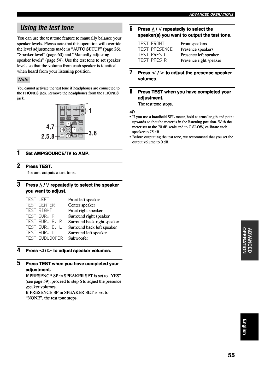 Yamaha RX-V1500 owner manual Using the test tone, 2,5,8 