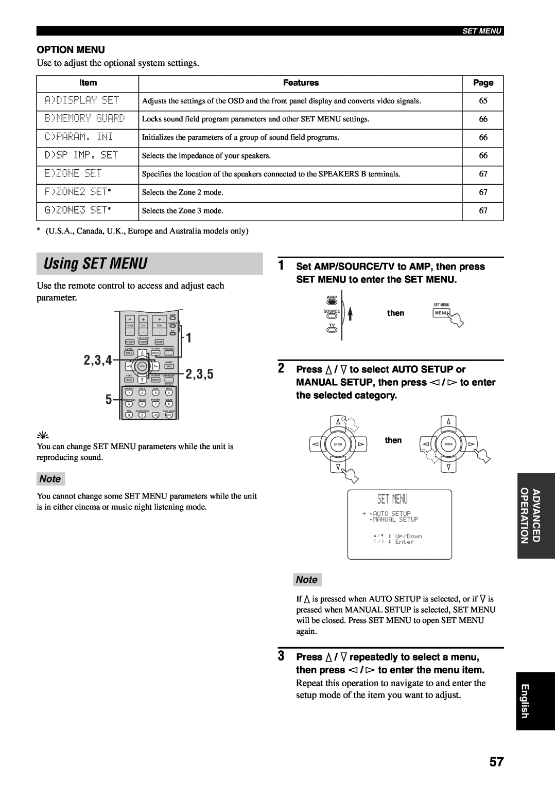 Yamaha RX-V1500 owner manual Using SET MENU, 2,3,4, 2,3,5 
