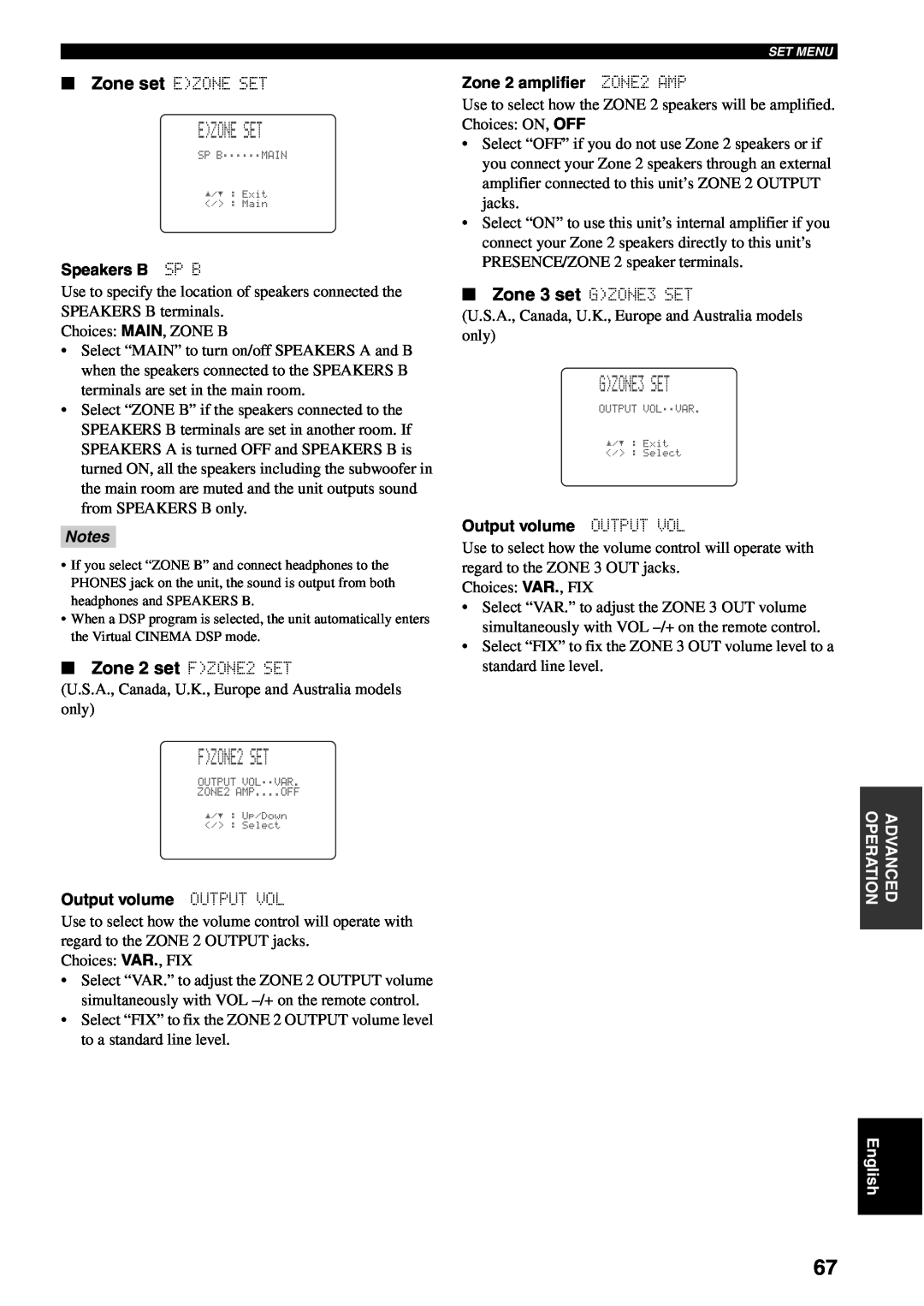 Yamaha RX-V1500 owner manual Ezone Set, Zone 2 set FZONE2 SET, Zone 3 set GZONE3 SET, Notes 
