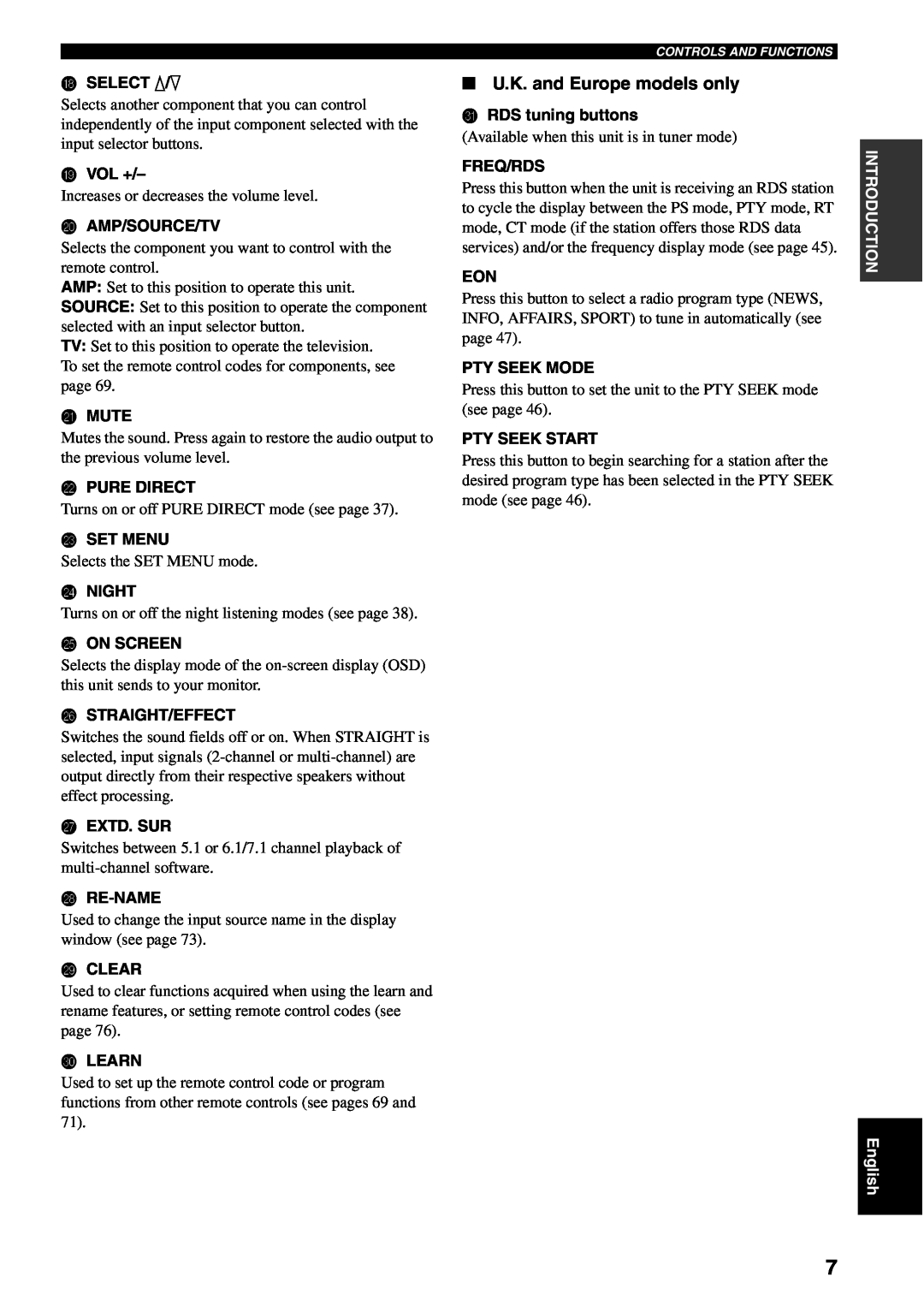 Yamaha RX-V1500 owner manual U.K. and Europe models only, HSELECT k/n 
