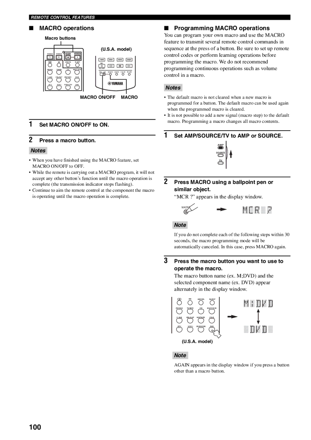 Yamaha RX-V1600 owner manual 100, Programming Macro operations 