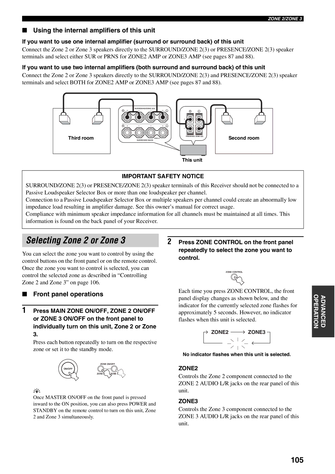 Yamaha RX-V1600 Selecting Zone 2 or Zone, 105, Using the internal amplifiers of this unit, Front panel operations 