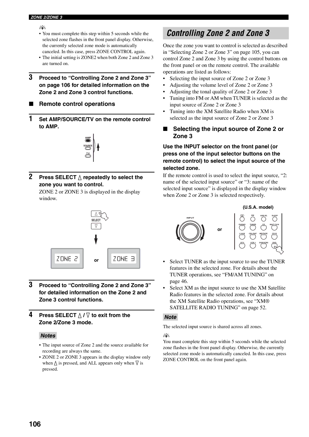 Yamaha RX-V1600 Controlling Zone 2 and Zone, 106, Remote control operations, Selecting the input source of Zone 2 or Zone 