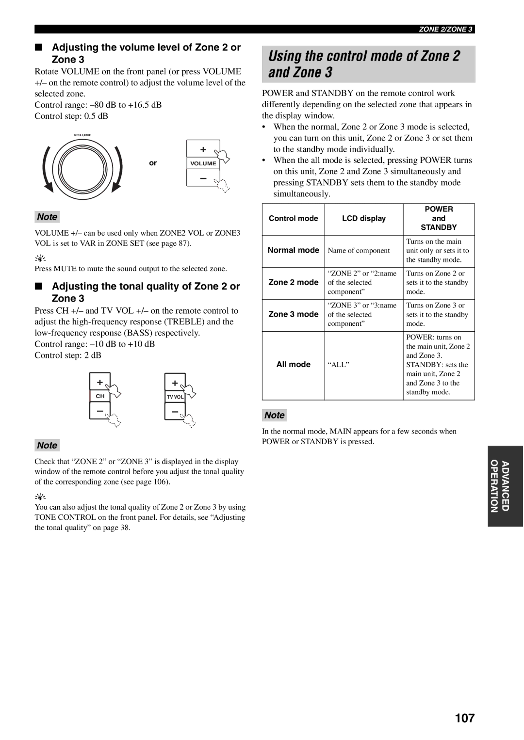 Yamaha RX-V1600 owner manual Using the control mode of Zone 2 and Zone, 107, Adjusting the volume level of Zone 2 or 