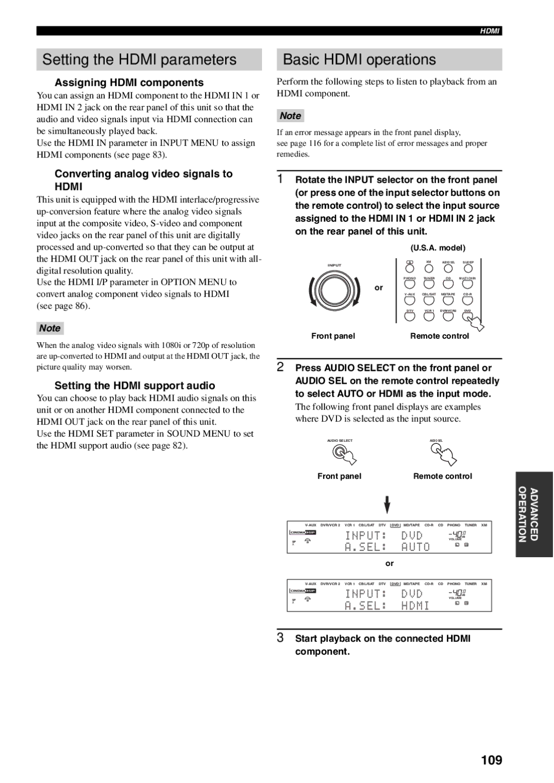 Yamaha RX-V1600 owner manual Setting the Hdmi parameters, Basic Hdmi operations, 109 