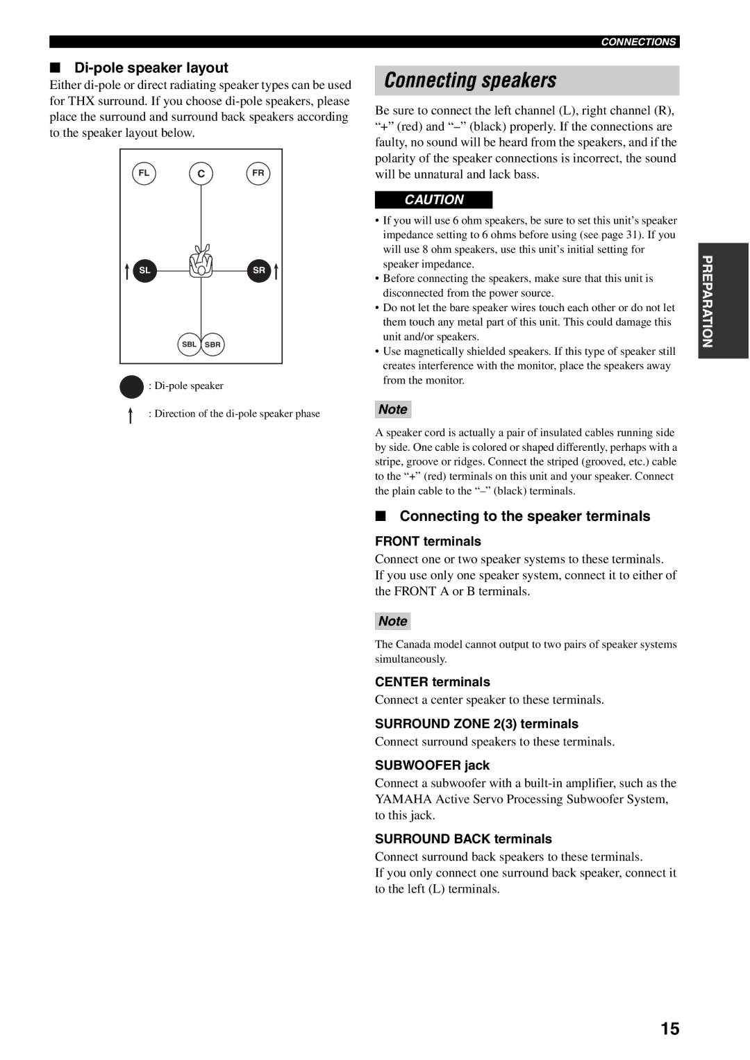 Yamaha RX-V1600 owner manual Connecting speakers, Di-pole speaker layout, Connecting to the speaker terminals 