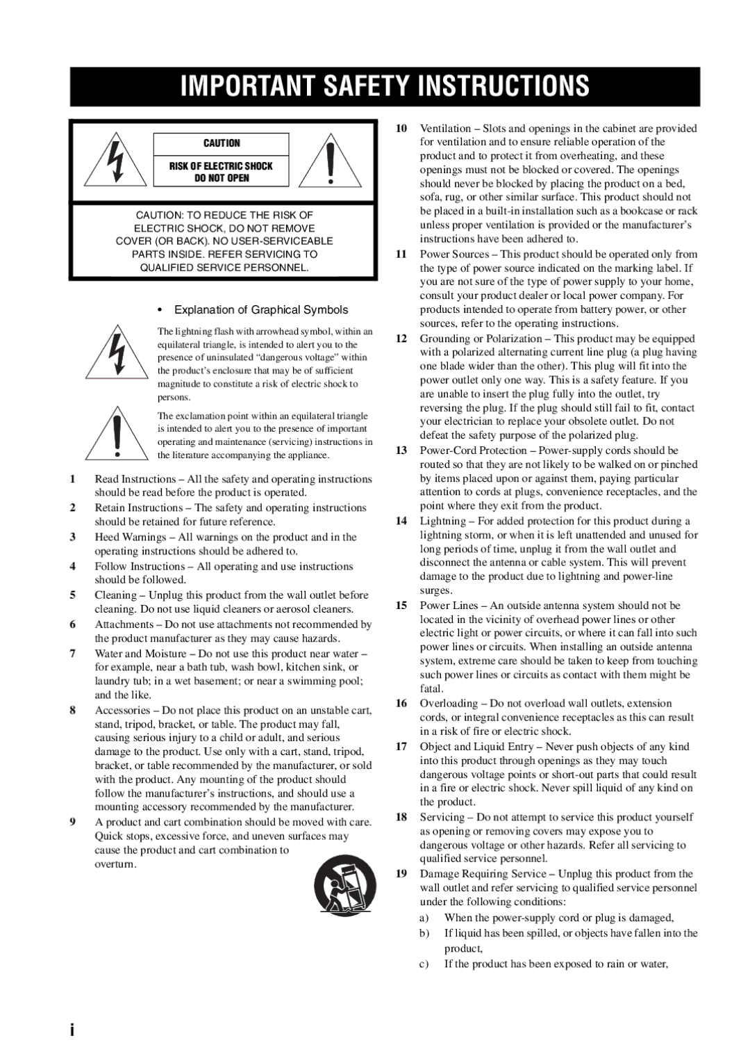 Yamaha RX-V1600 owner manual Important Safety Instructions 