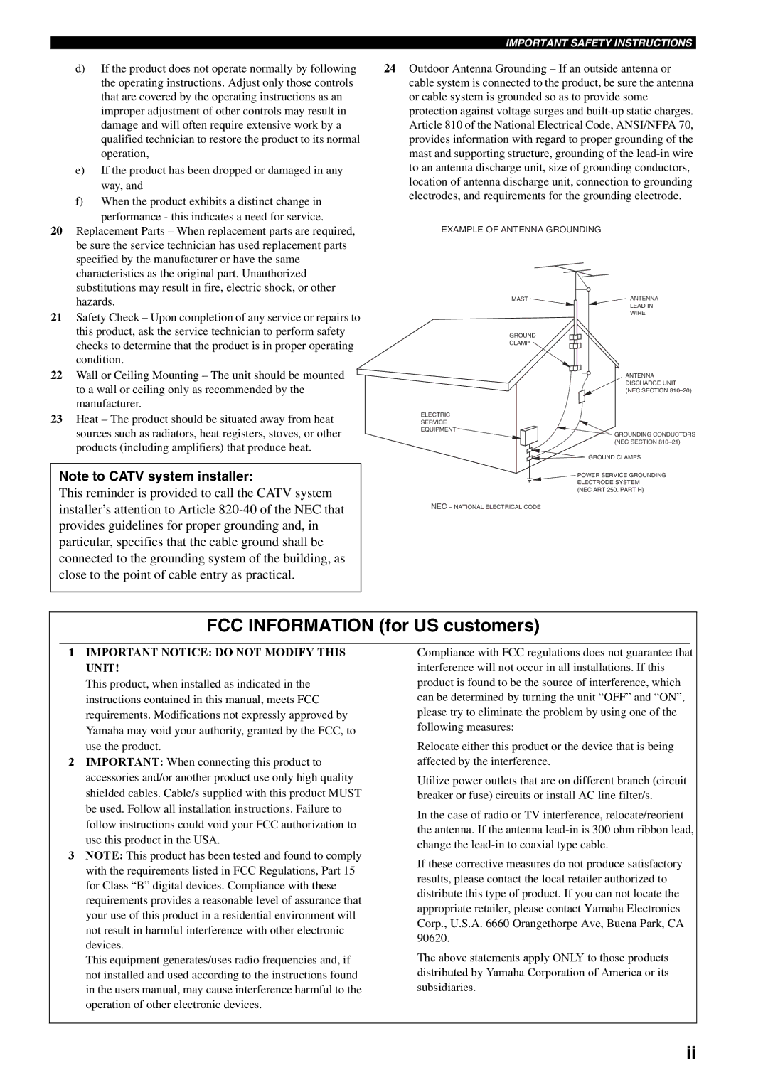 Yamaha RX-V1600 owner manual FCC Information for US customers, Example of Antenna Grounding 