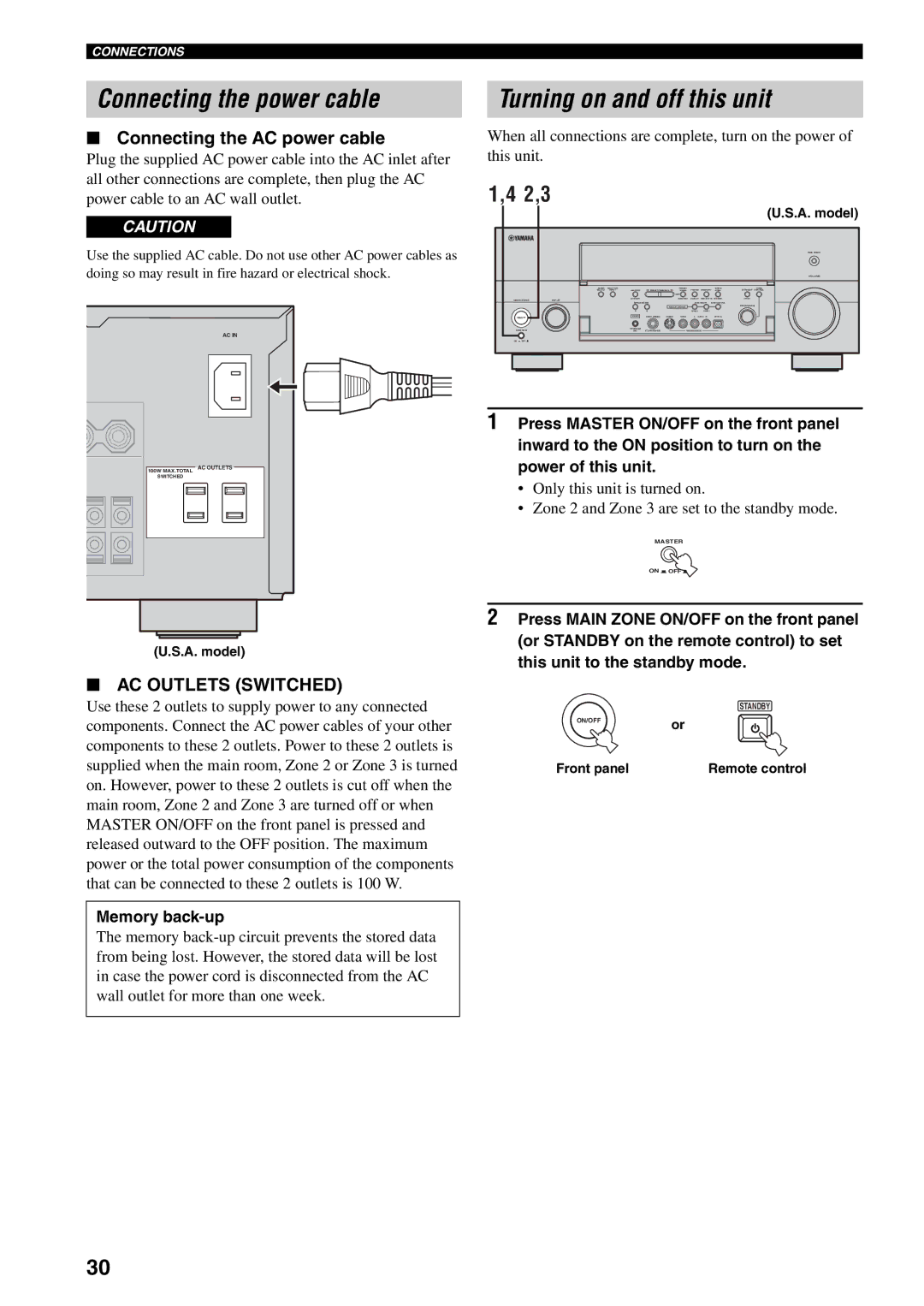 Yamaha RX-V1600 owner manual Connecting the power cable, Turning on and off this unit, 2,3, Connecting the AC power cable 