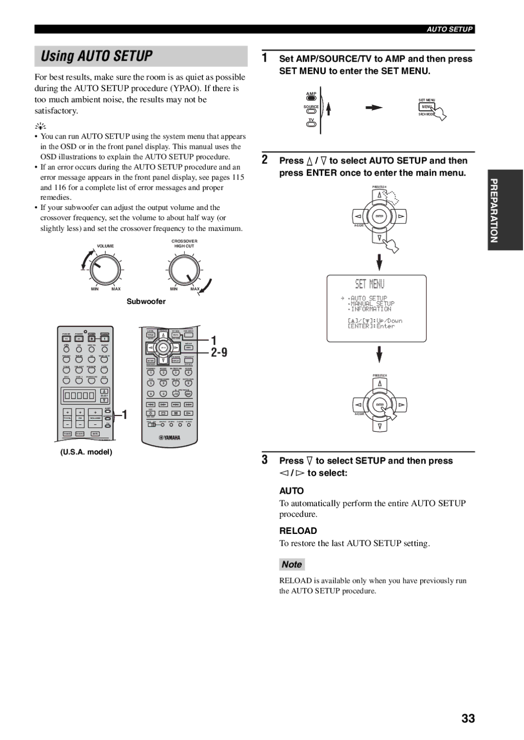 Yamaha RX-V1600 owner manual Using Auto Setup, SET Menu, Press n to select Setup and then press l / h to select, Reload 