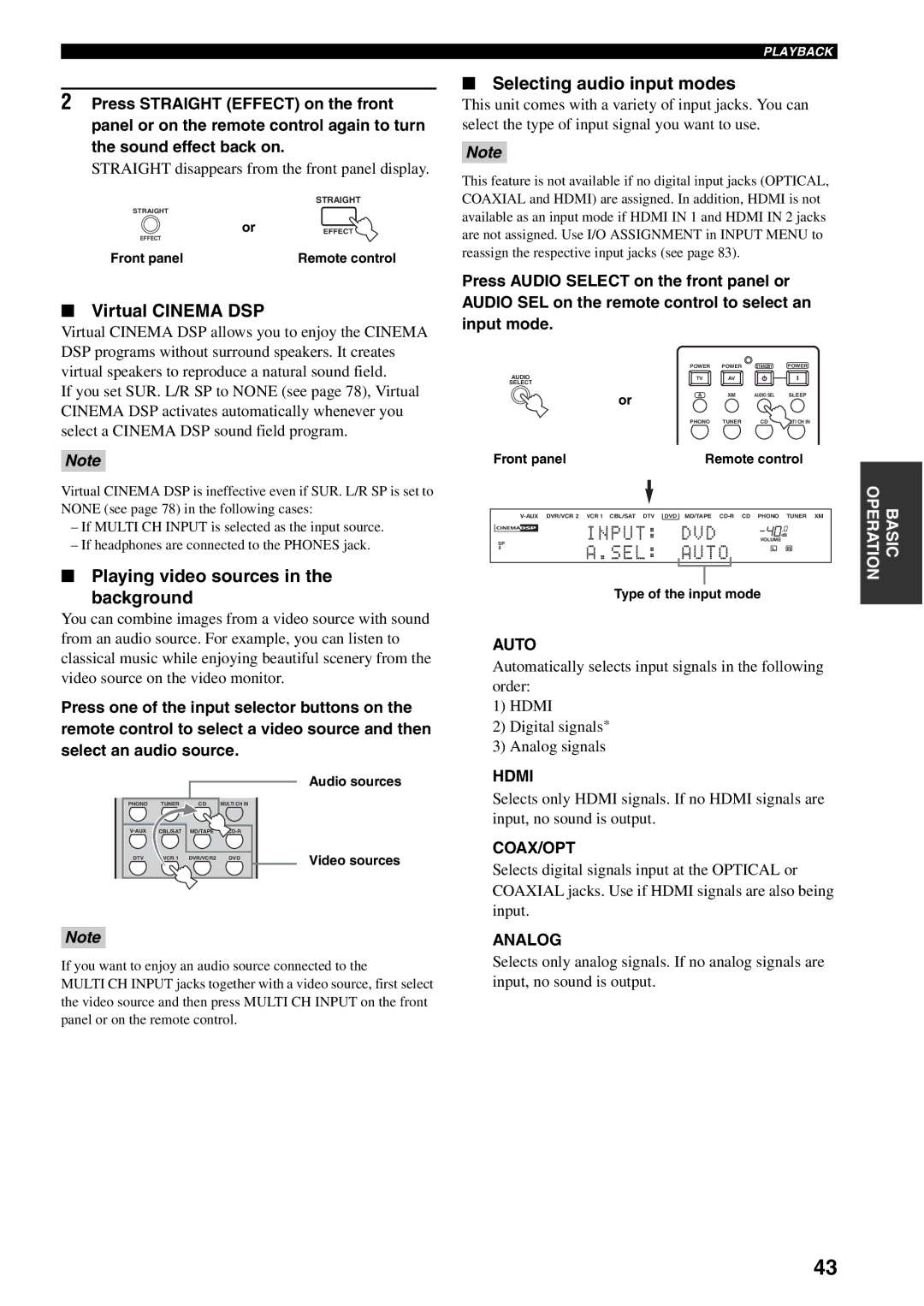 Yamaha RX-V1600 owner manual Virtual Cinema DSP, Playing video sources Background, Selecting audio input modes 