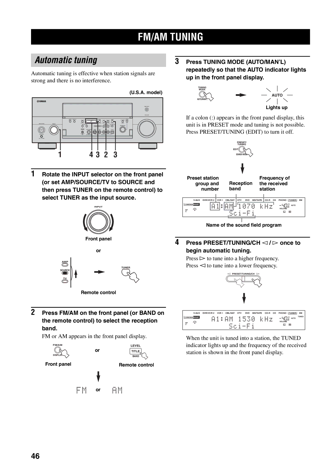 Yamaha RX-V1600 owner manual FM/AM Tuning, Automatic tuning, Press PRESET/TUNING/CH l / h once to begin automatic tuning 