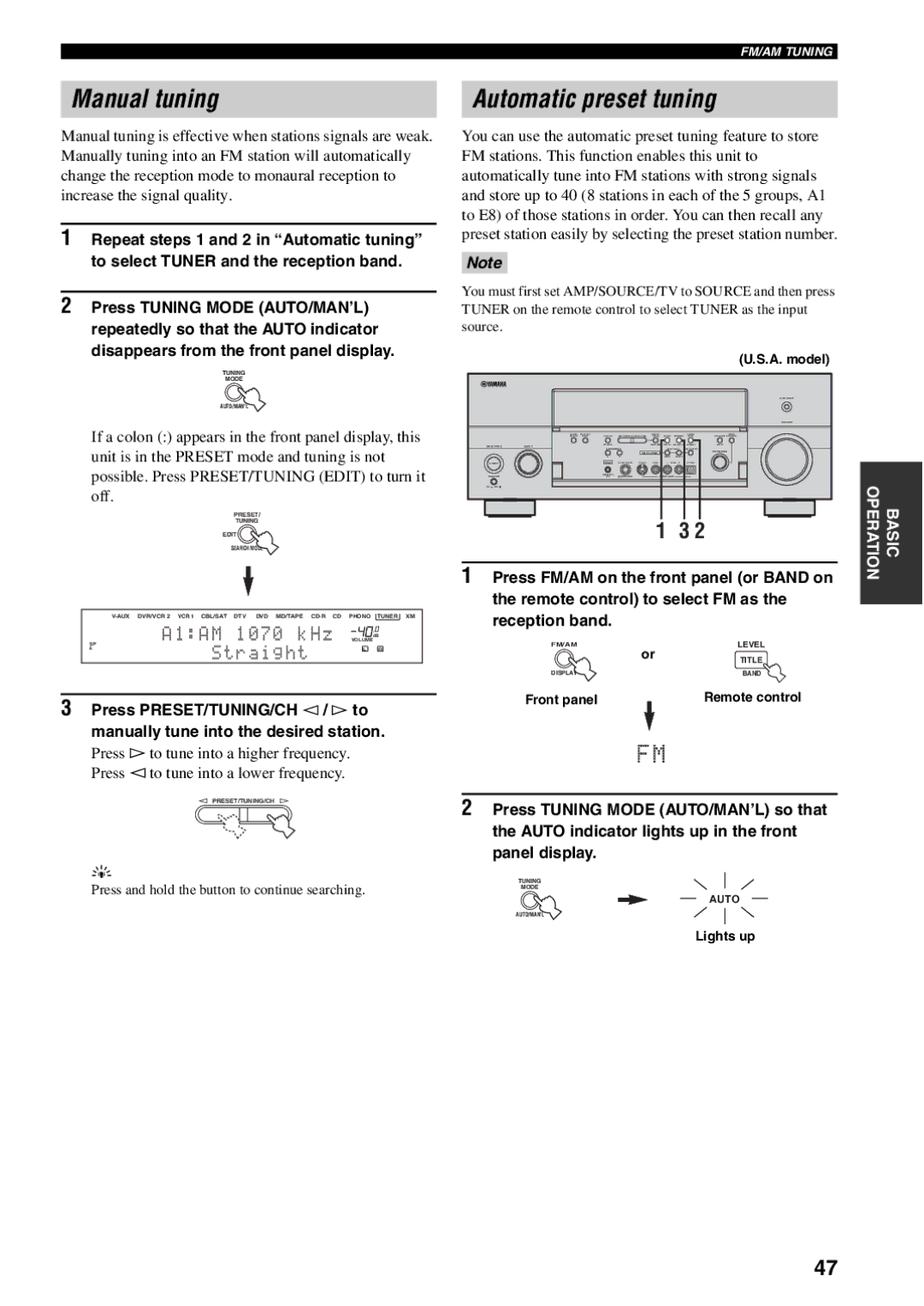 Yamaha RX-V1600 owner manual Manual tuning Automatic preset tuning, Straight 