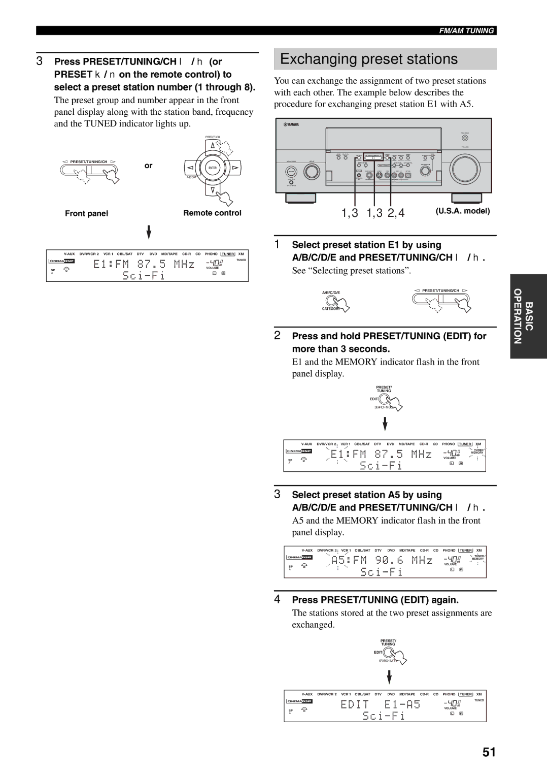 Yamaha RX-V1600 owner manual Exchanging preset stations, 2,4, Press and hold PRESET/TUNING Edit for more than 3 seconds 