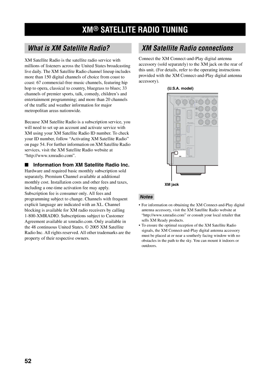 Yamaha RX-V1600 XM Satellite Radio Tuning, What is XM Satellite Radio?, XM Satellite Radio connections, XM jack 