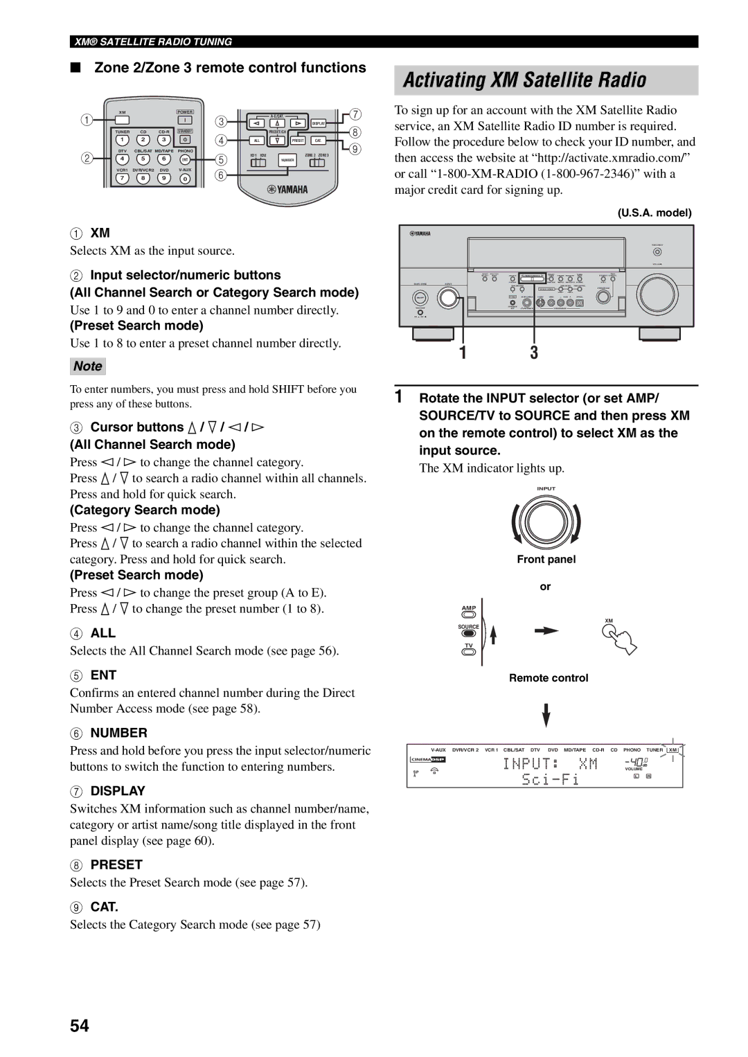 Yamaha RX-V1600 owner manual Activating XM Satellite Radio, Zone 2/Zone 3 remote control functions 