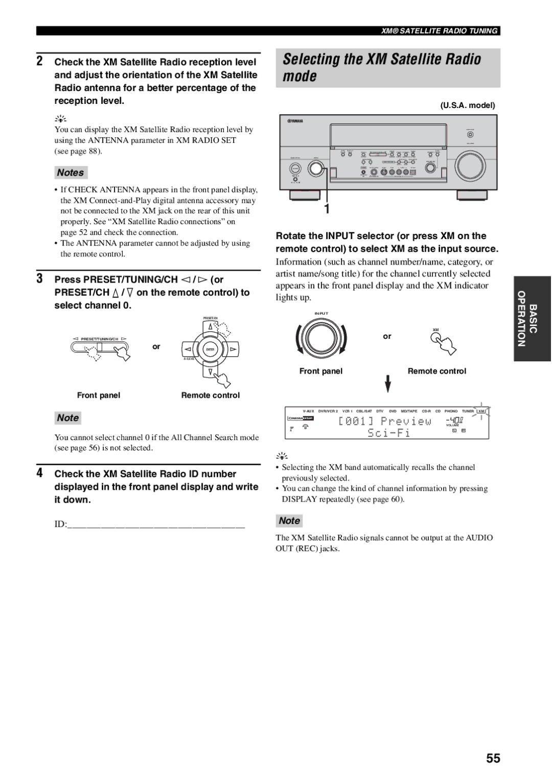 Yamaha RX-V1600 owner manual Selecting the XM Satellite Radio mode 