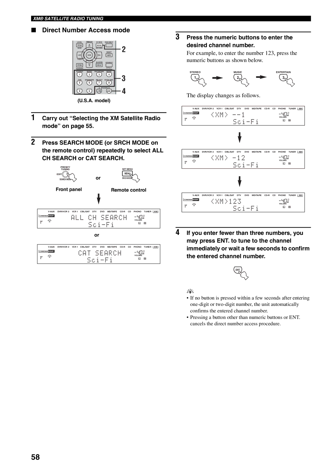 Yamaha RX-V1600 owner manual Direct Number Access mode, Display changes as follows 