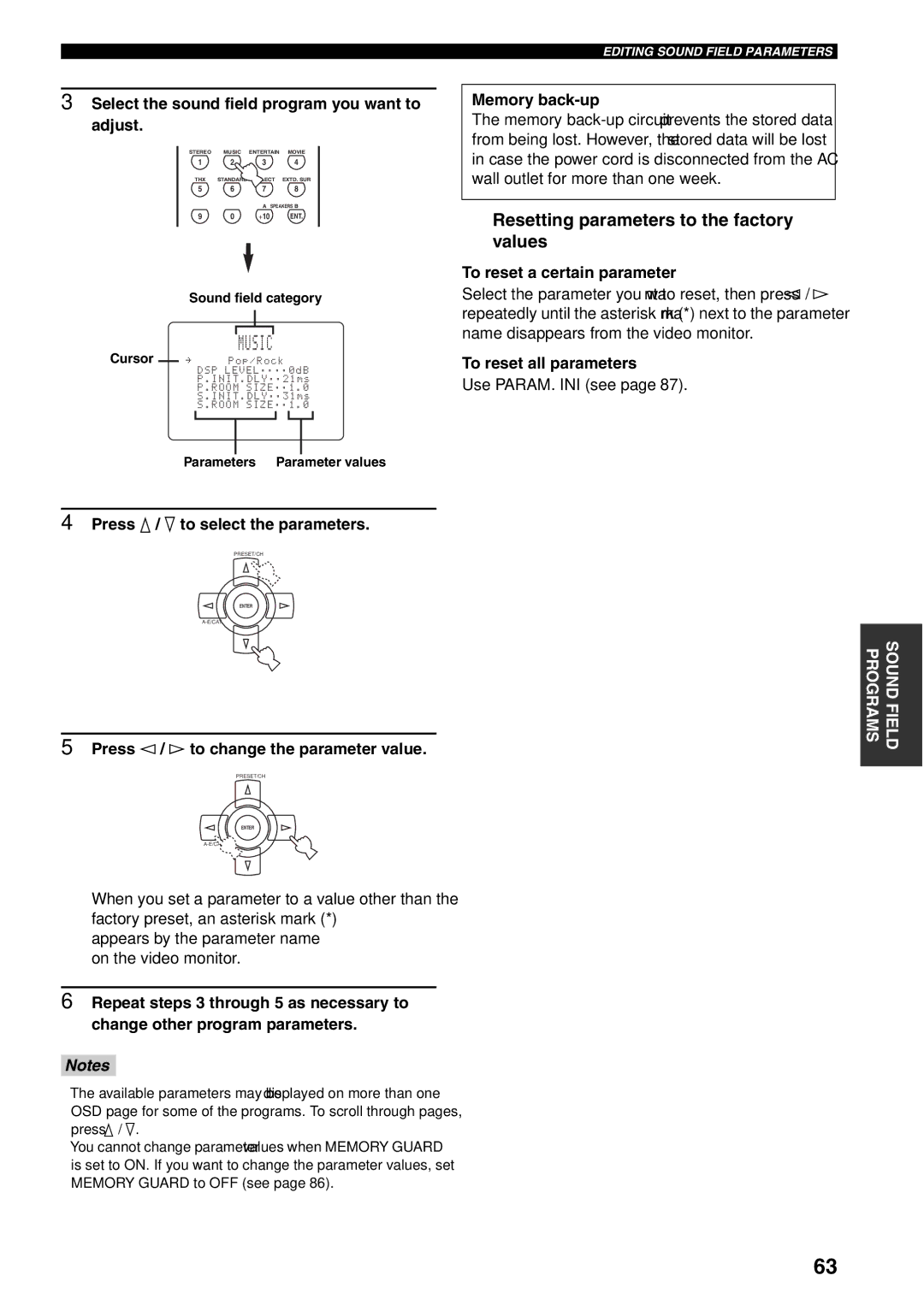 Yamaha RX-V1600 owner manual Resetting parameters to the factory values 