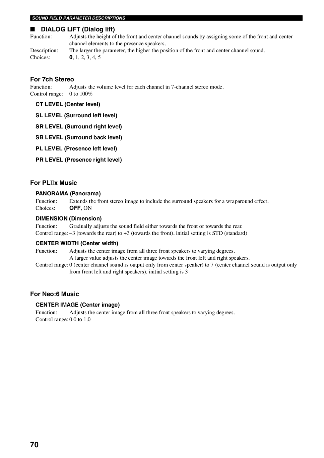 Yamaha RX-V1600 owner manual Dialog Lift Dialog lift, For 7ch Stereo, For PL x Music, For Neo6 Music 