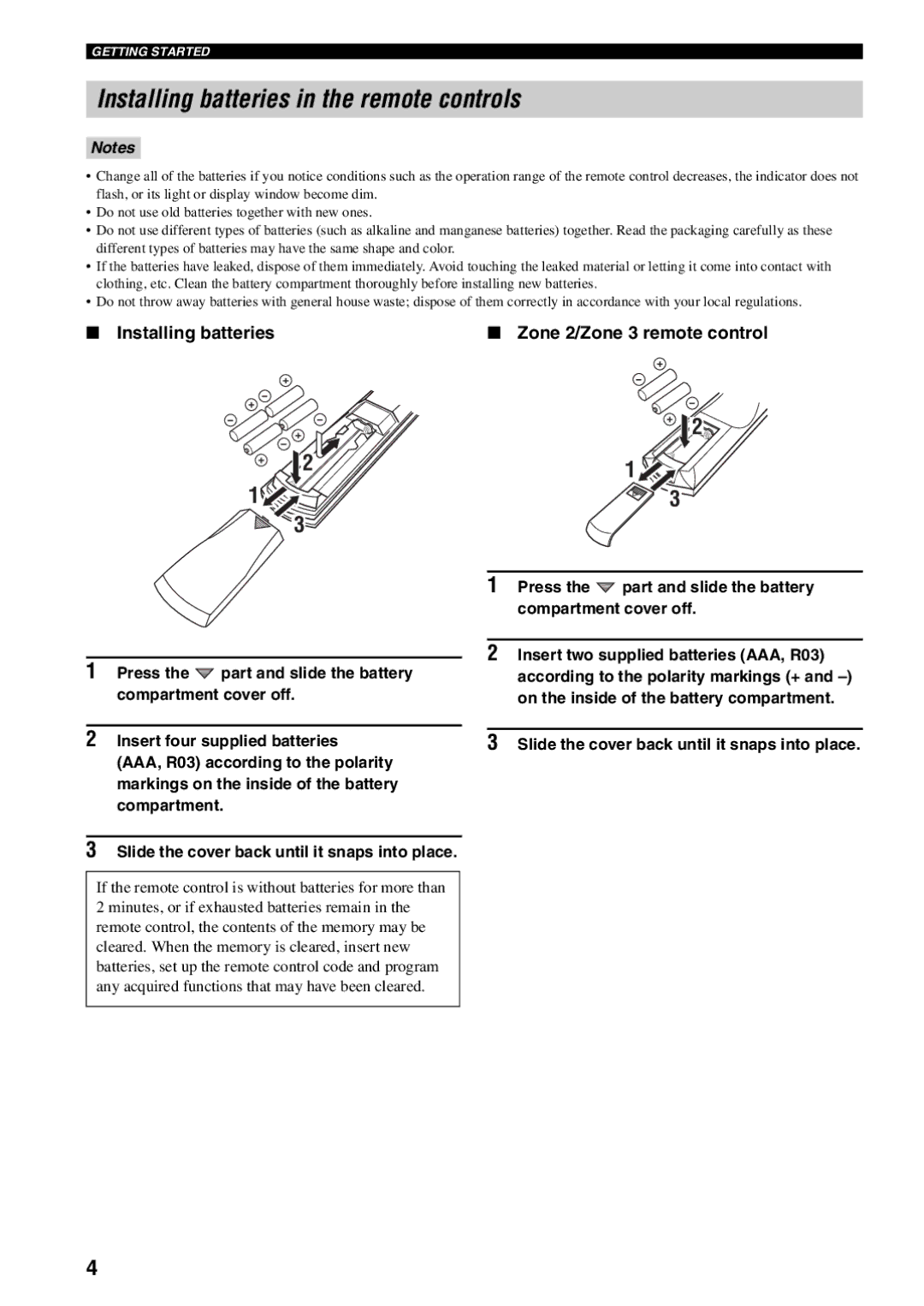 Yamaha RX-V1600 owner manual Installing batteries in the remote controls, Installing batteries Zone 2/Zone 3 remote control 