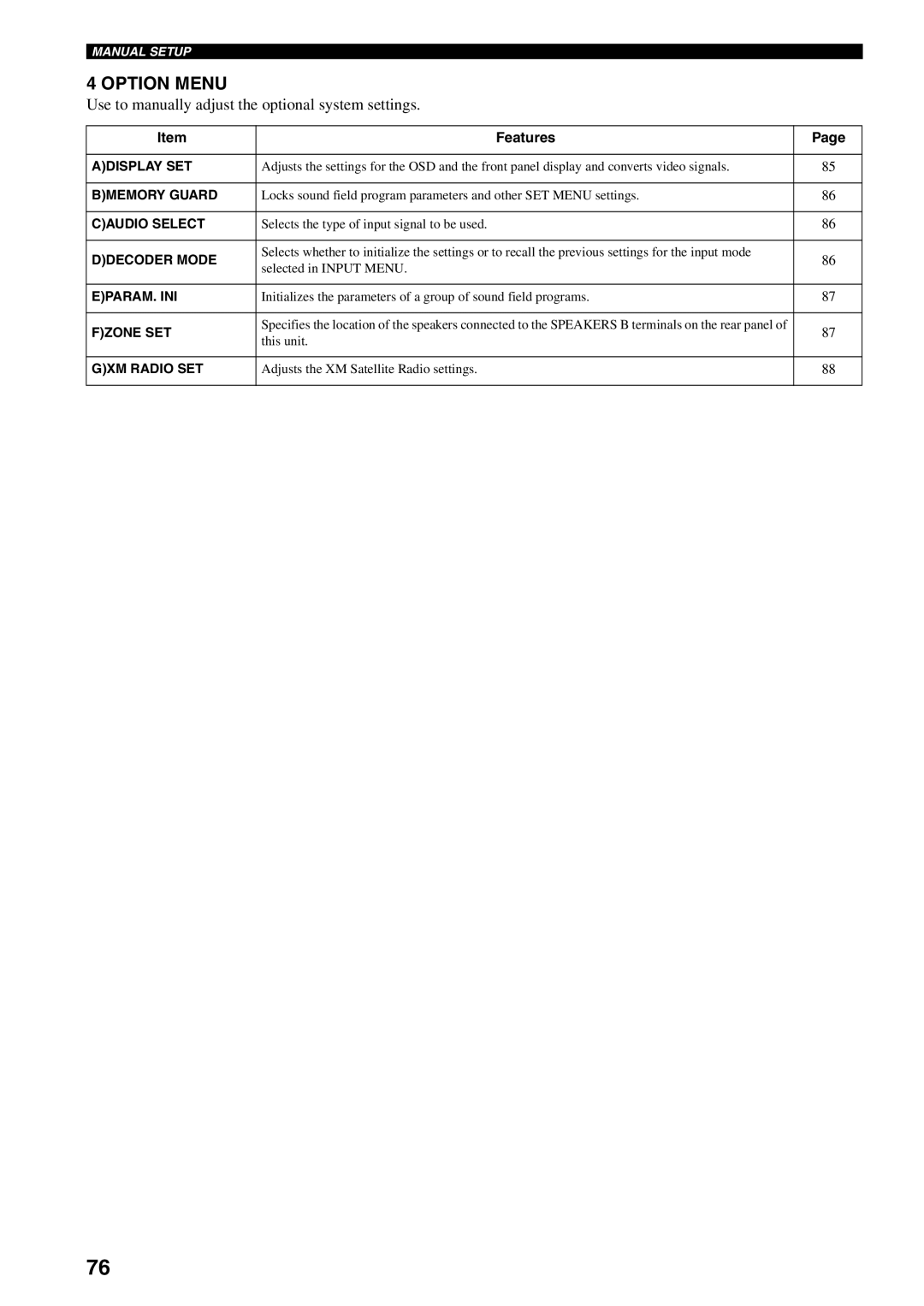 Yamaha RX-V1600 owner manual Option Menu, Use to manually adjust the optional system settings 