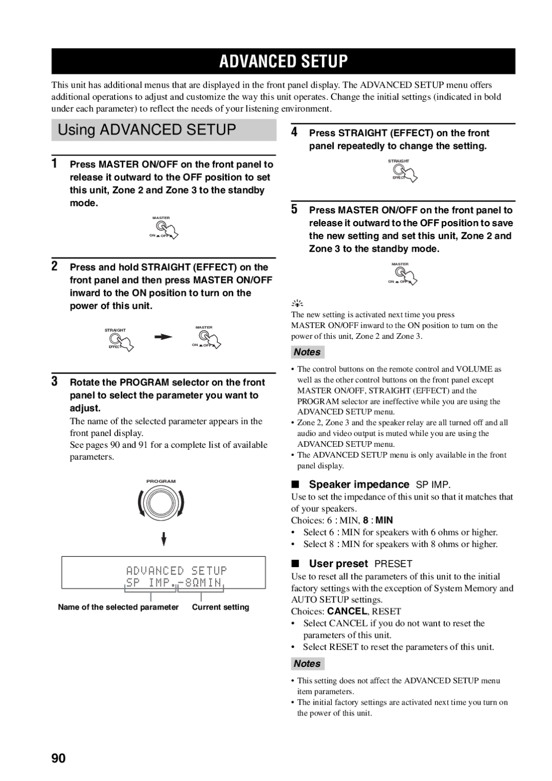 Yamaha RX-V1600 owner manual Using Advanced Setup, Speaker impedance SP IMP, User preset Preset 