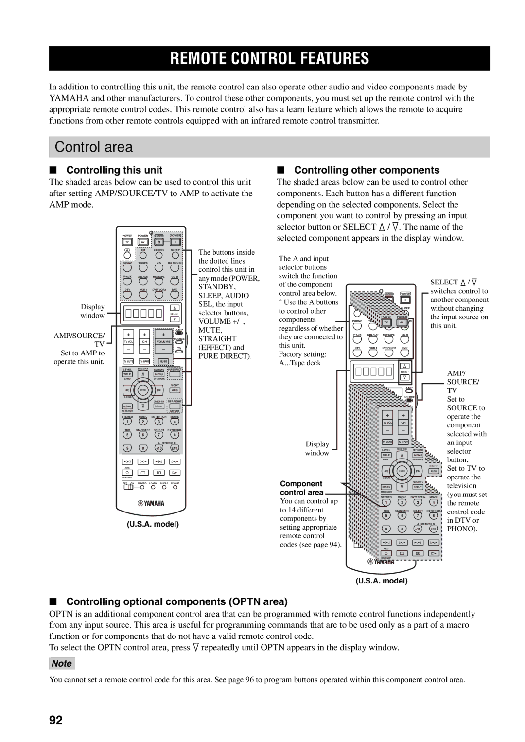 Yamaha RX-V1600 owner manual Remote Control Features, Control area, Controlling this unit, Controlling other components 