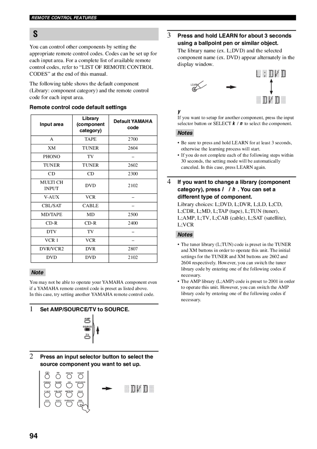 Yamaha RX-V1600 Setting remote control codes, Remote control code default settings, Set AMP/SOURCE/TV to Source 