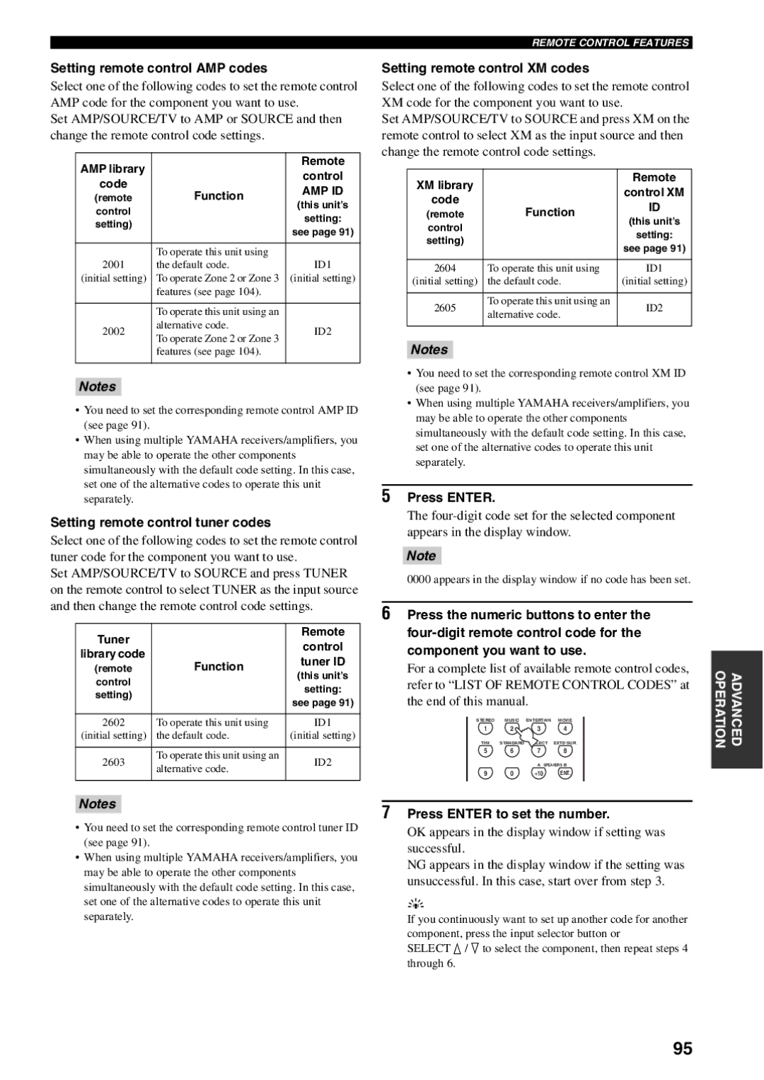 Yamaha RX-V1600 Setting remote control AMP codes, Setting remote control tuner codes, Setting remote control XM codes 