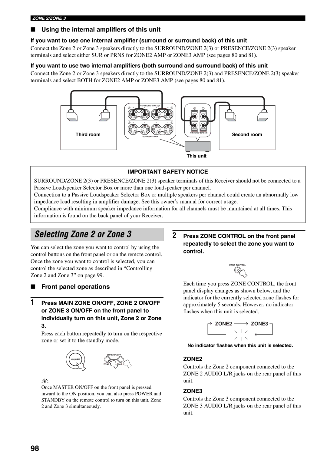 Yamaha RX-V1600 owner manual Selecting Zone 2 or Zone, Using the internal amplifiers of this unit, Front panel operations 