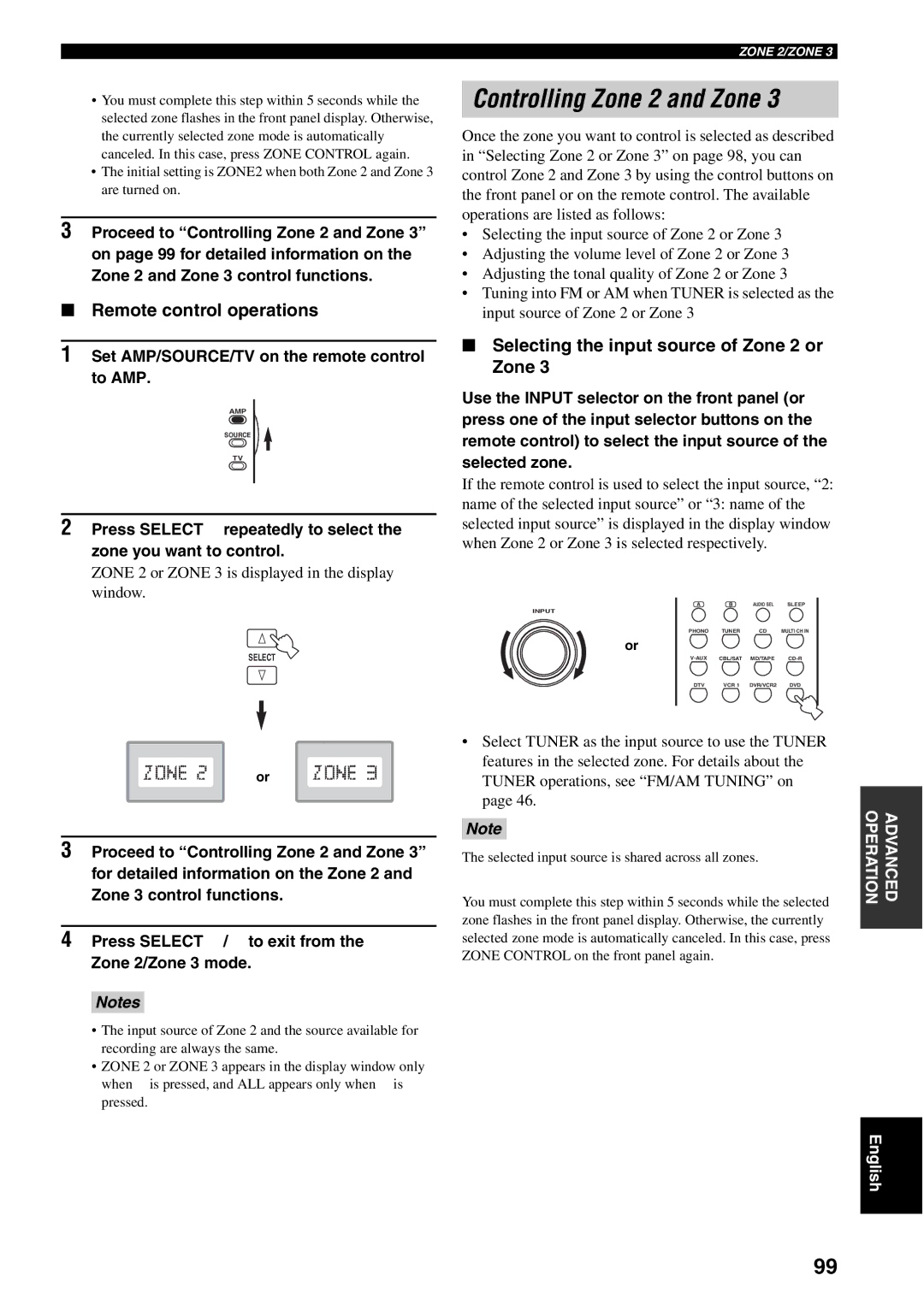 Yamaha RX-V1600 Controlling Zone 2 and Zone, Remote control operations, Selecting the input source of Zone 2 or Zone 