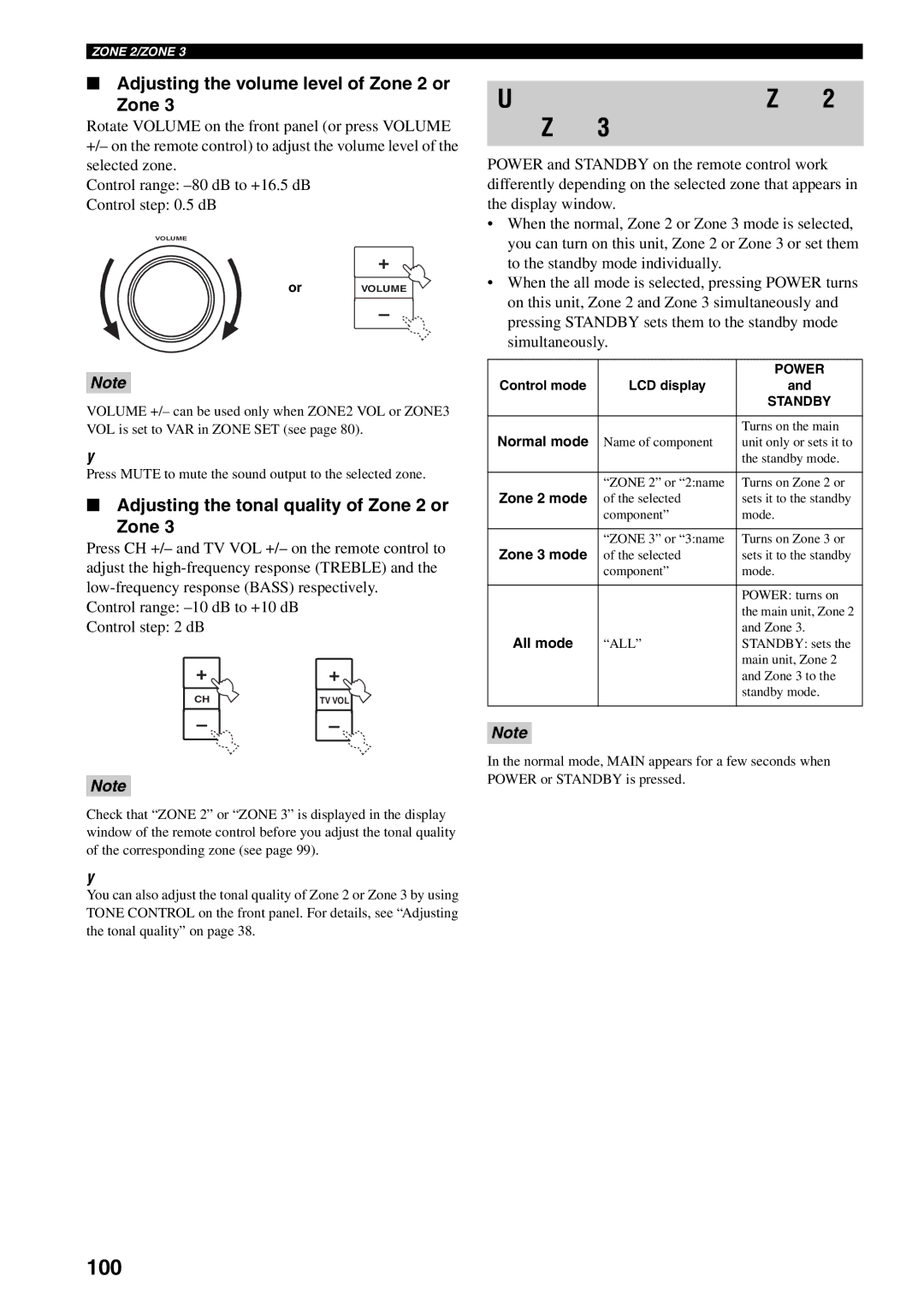 Yamaha RX-V1600 owner manual Using the control mode of Zone 2 and Zone, 100, Adjusting the volume level of Zone 2 or 