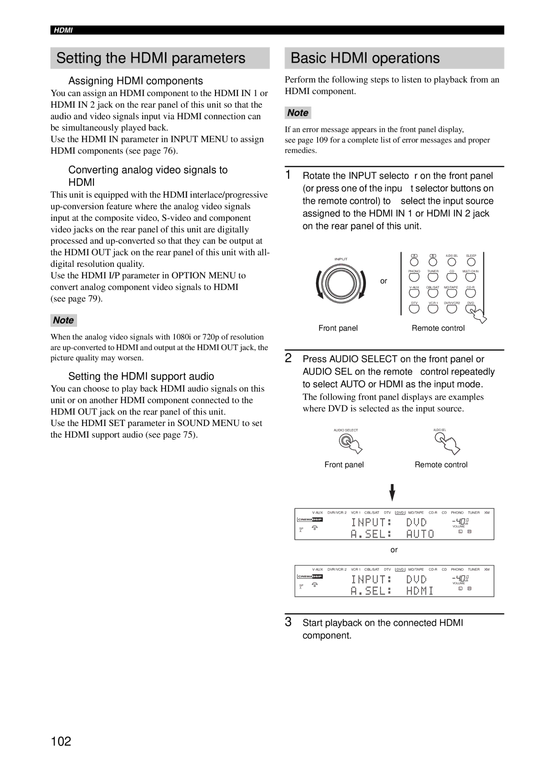 Yamaha RX-V1600 owner manual Setting the Hdmi parameters, Basic Hdmi operations, 102 