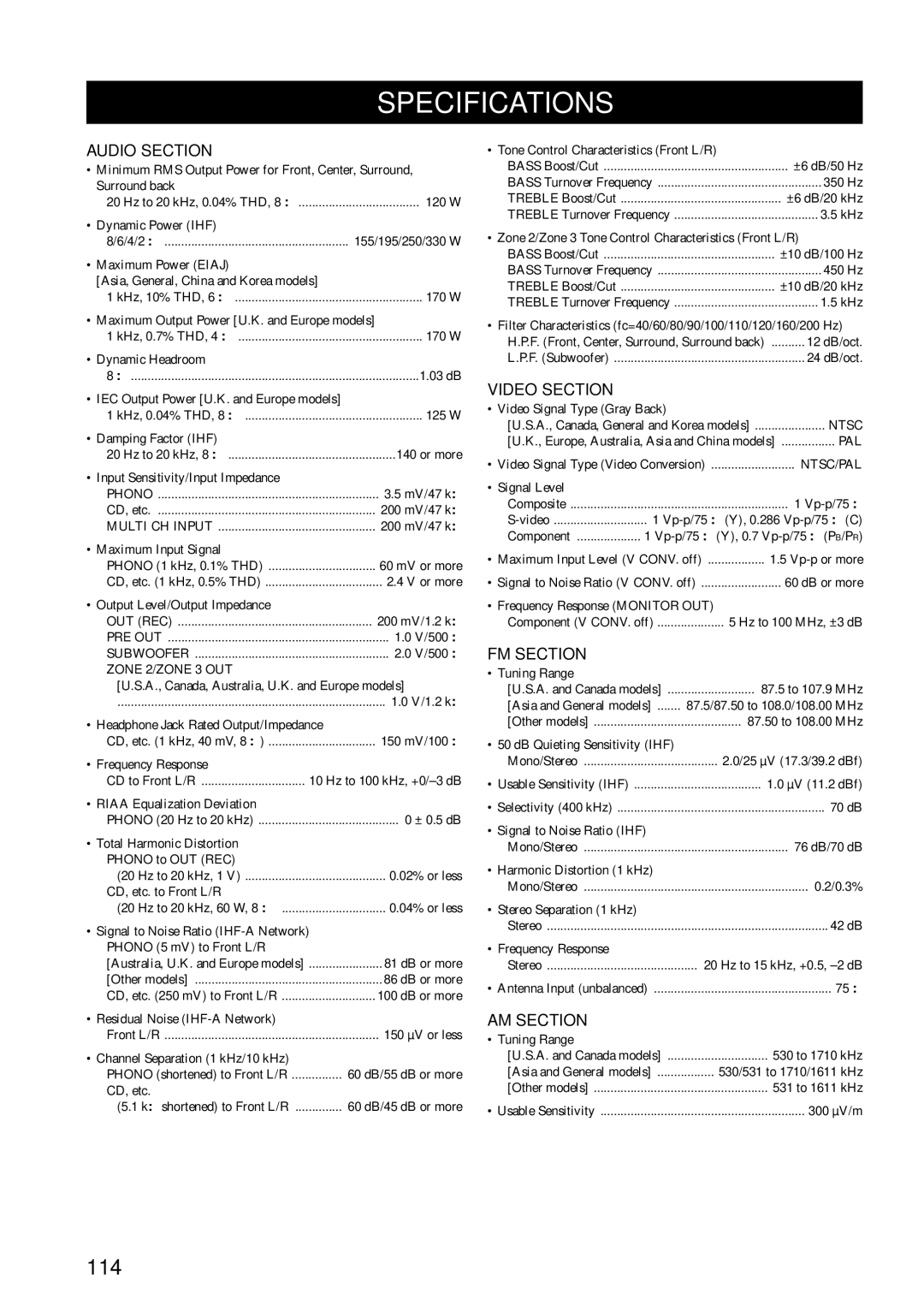 Yamaha RX-V1600 owner manual Specifications, 114 