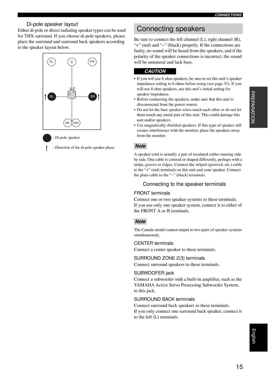 Yamaha RX-V1600 owner manual Connecting speakers, Di-pole speaker layout, Connecting to the speaker terminals 