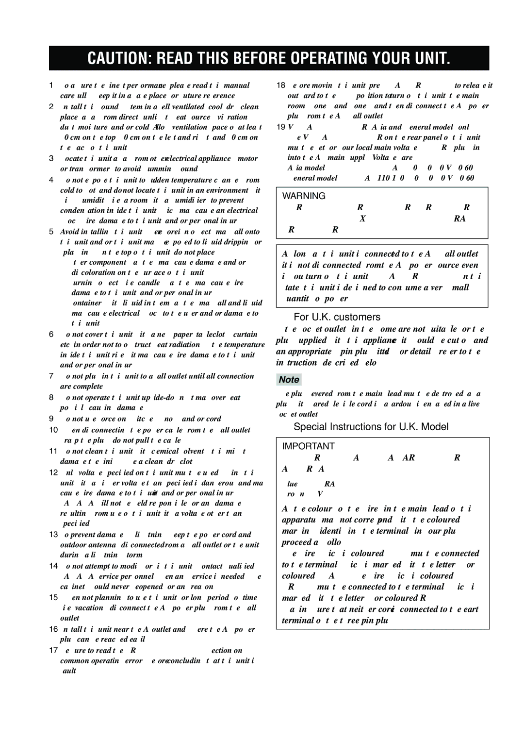 Yamaha RX-V1600 owner manual For U.K. customers, Special Instructions for U.K. Model 