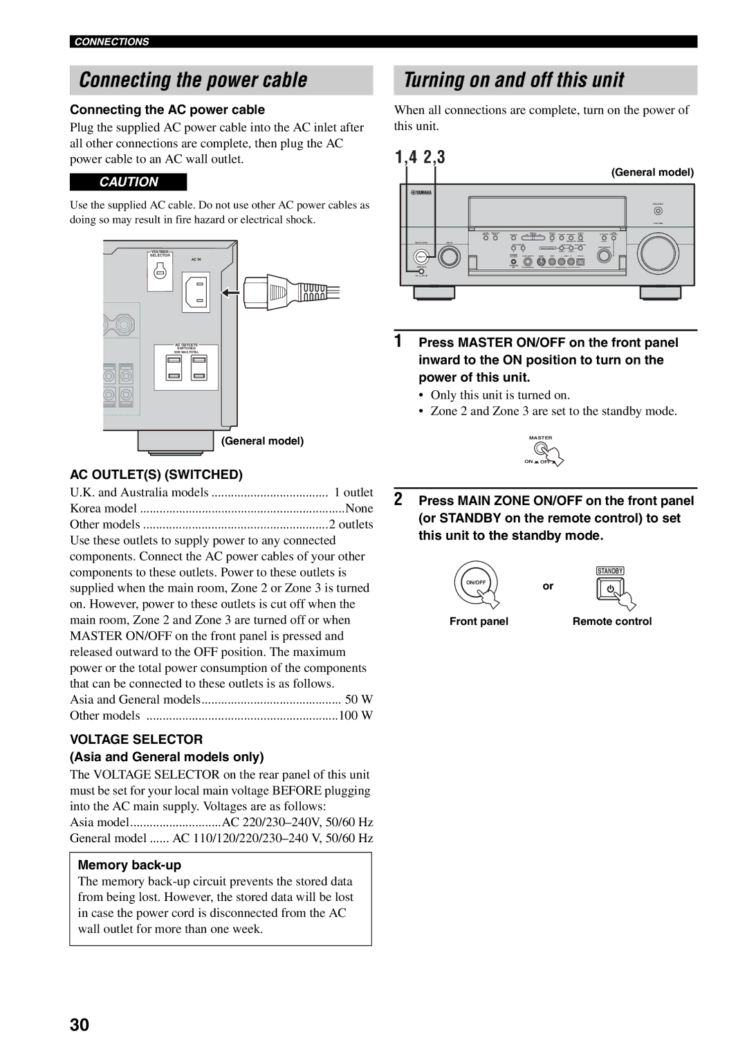 Yamaha RX-V1600 owner manual Connecting the power cable, Turning on and off this unit, 2,3, AC Outlets Switched 