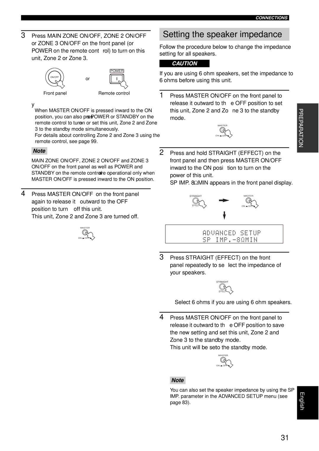 Yamaha RX-V1600 owner manual Setting the speaker impedance, This unit, Zone 2 and Zone 3 are turned off 