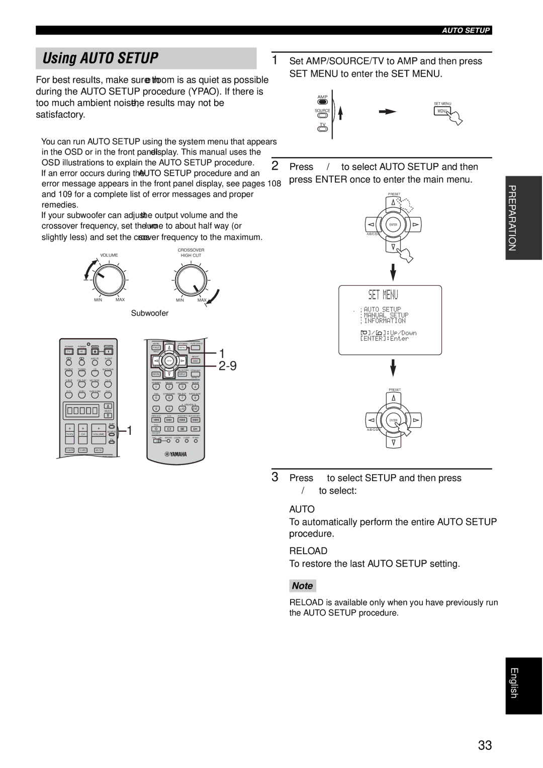 Yamaha RX-V1600 owner manual Using Auto Setup, SET Menu, Press n to select Setup and then press l / h to select, Reload 