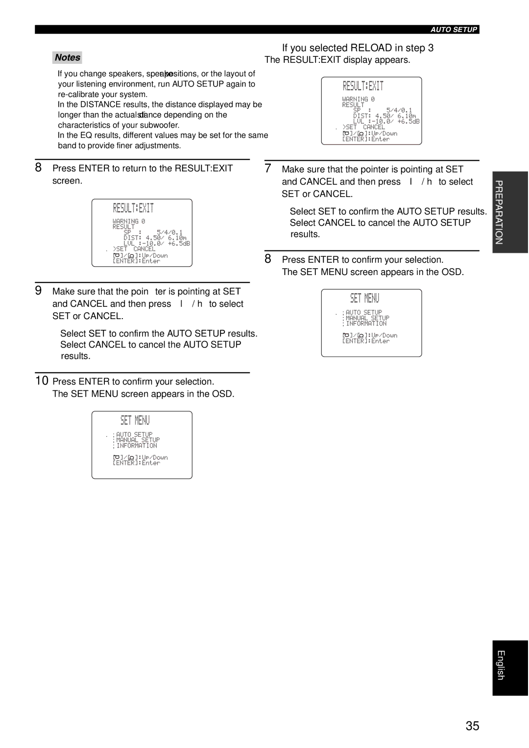 Yamaha RX-V1600 If you selected Reload in step, Resultexit display appears, Press Enter to return to the Resultexit screen 