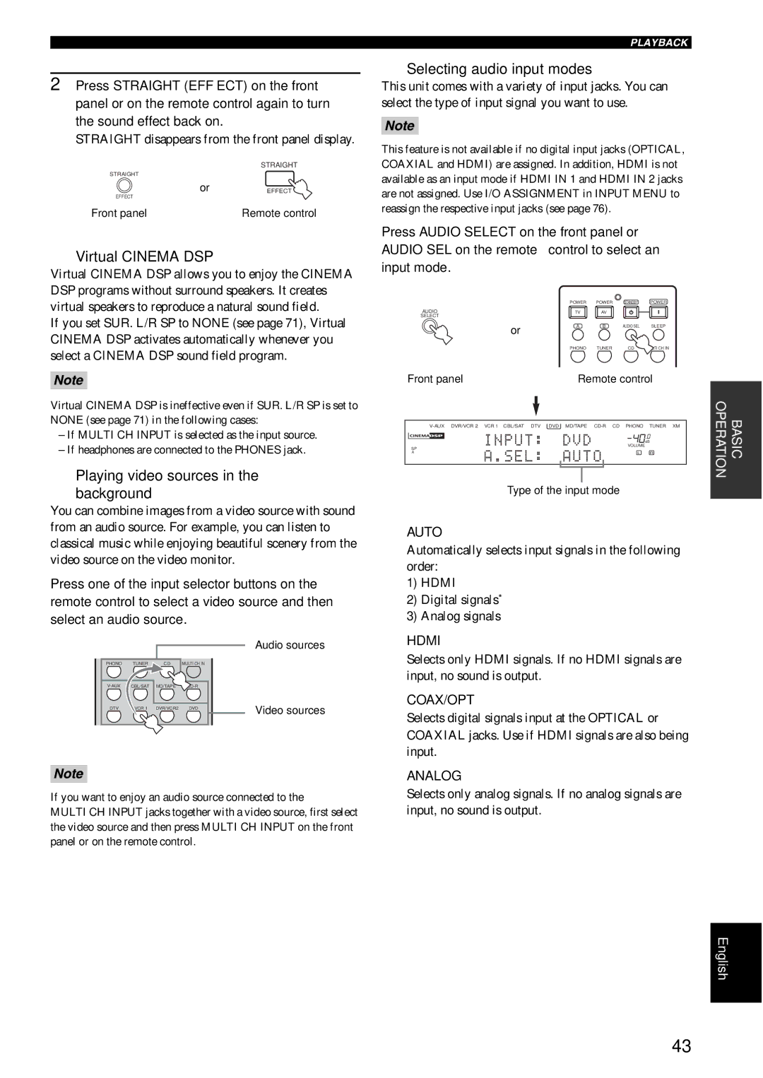 Yamaha RX-V1600 owner manual Virtual Cinema DSP, Playing video sources Background, Selecting audio input modes 